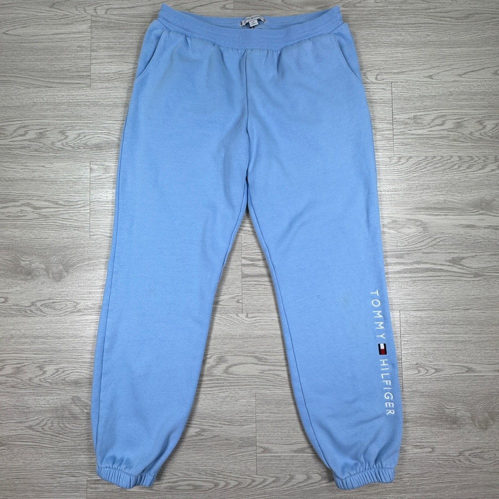 Tommy Hilfiger Women's Sweatpants Joggers Light Blue Small Logo Graphic Fleece‎
